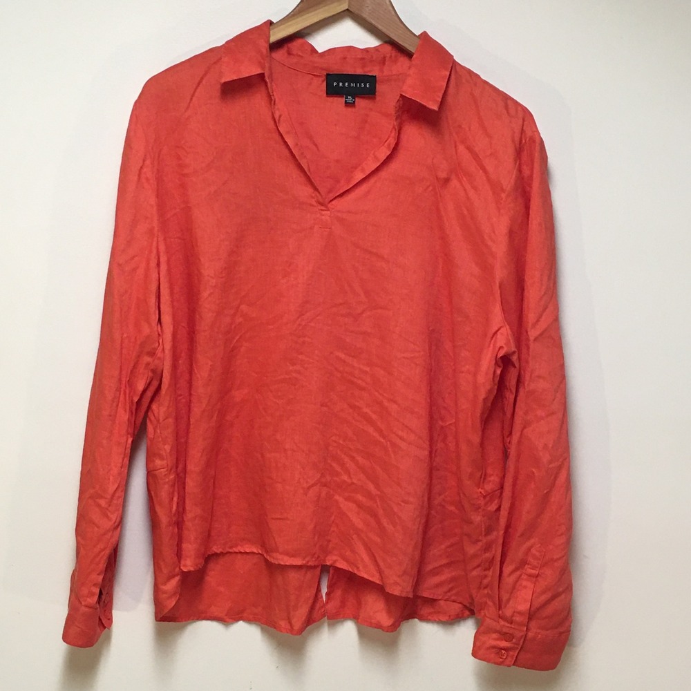 Premise Linen Blouse Women XL Coral Orange Roll Tab Sleeve Split Back Top